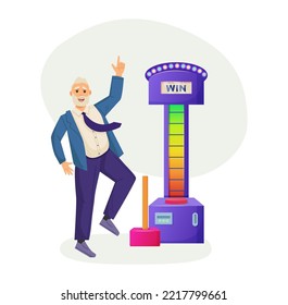 Excited man celebrating win at automotive boxing game machine. Happy man playing boxing attraction with punching bag at casino, game club, attractions zone cartoon vector