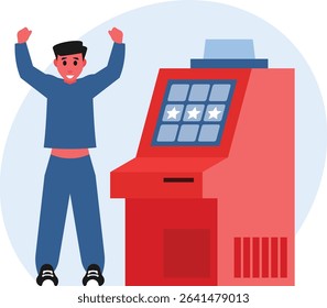 Excited Man Celebrating Win at Slot Machine with Three Stars – Gambling and Casino Success Concept