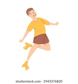 Excited Man Character Dancing on Roller Skates Vector Illustration