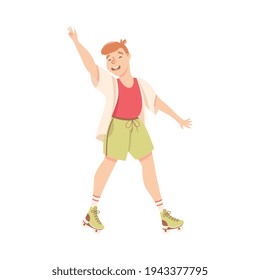 Excited Man Character Dancing on Roller Skates Vector Illustration