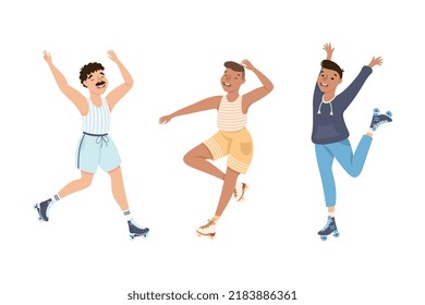 Excited Man Character Dancing on Roller Skates Vector Illustration Set