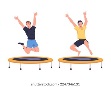 Excited Man Character Jumping and Bouncing on Trampoline Engaged in Recreational Activity Vector Set