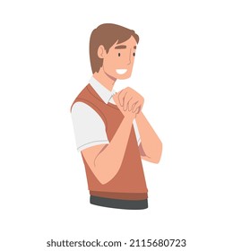 Excited Man Character Looking at Someone Putting Her Hands Together Demonstrating Attention Vector Illustration