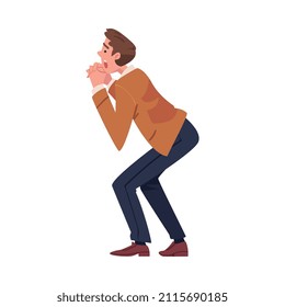 Excited Man Character Looking at Something Putting Hands Together Waiting for Result of Lottery Vector Illustration