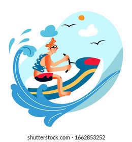 Excited man character riding jet ski. Guy enjoying extreme water sport. Planning summer vacation. Summertime activity. Active lifestyle adventure. Wave surfing. Tropical resort. Vector illustration