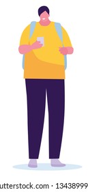 Excited man checking smart phone content, on a white background. Vector illustration in a flat cartoon style