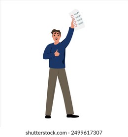 Excited man cheering with a voting document in one hand and a thumbs up gesture in the other