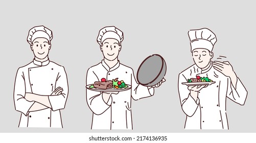 Excited man chef cook wearing uniform showing fresh green salad on a plate.Hand drawn in thin line style, vector illustration.