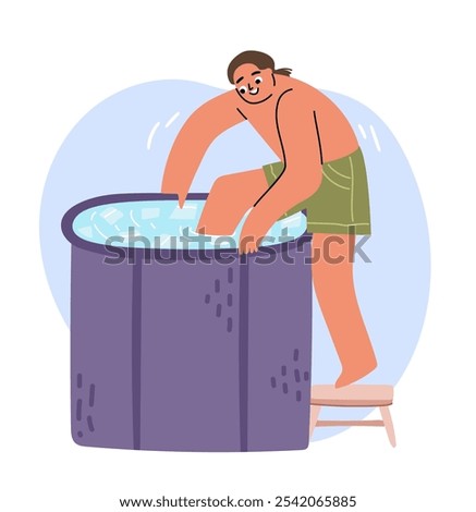 Excited man entering an ice pod bath. Innovative technology for health treatment. Flat hand drawn vector illustration isolated on white.