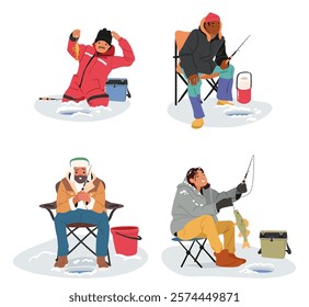 Excited man and experienced woman winter fisher cartoon characters catching fish in hole made in frozen lake using professional equipment for fishing vector illustration. Wintertime hobby activity