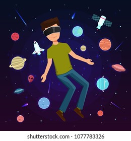 Excited man experiencing virtual reality. Virtual reality space simulation. Virtual reality for education and games. Flat cartoon vector illustration