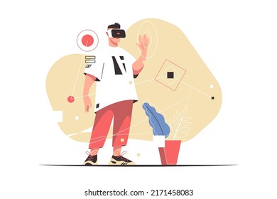 Excited man experiencing virtual reality glasses vector illustration. Pastime in vr headset flat style. Technology, entertainment concept