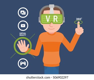 Excited man experiencing virtual reality via VR headset and touching something with his hands isolated on white background