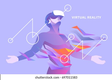 Excited man experiencing virtual reality. Vector illustration