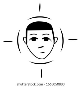 Un hombre emocionado a punta de pistola. Marco redondo para determinar la cara. Icono de tecnología de reconocimiento facial. Un tipo con ojos grandes en el área de búsqueda. Icono para sitios de diseño sobre el tema de la tecnología.