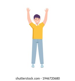 Excited Man Up with Hands Cheering About Something Vector Illustration