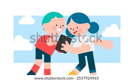 Excited man holding digital tablet, pointing with showing to woman. The couple are surprised with something special on screen. Outline, linear, thin line art, hand drawn sketch design, simple style.
