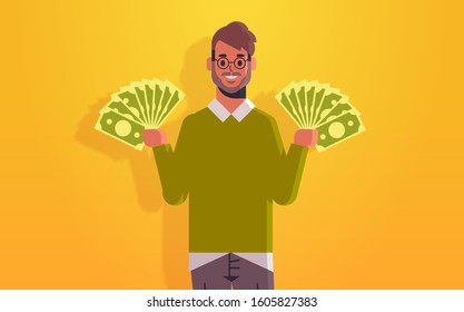 excited man holding money bills financial success wealth concept cheerful rich businessman with dollar banknotes horizontal portrait vector illustration