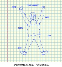 Excited man jump for joy celebrating success with hands raised. Sms winner. Sheet drawing. Hand drawn vector stock illustration