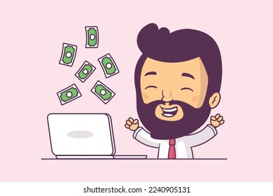 Excited man with a laptop computer earning money online. Vector cartoon illustration, chibi style.
