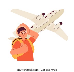 Excited man looking on flying plane flat concept vector spot illustration. Traveler with backpack and hat 2D cartoon character on white for web UI design. Isolated editable creative hero image