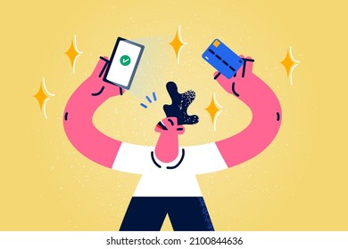 Excited man make online payment on smartphone with credit or debit card. Smiling guy pay on internet with banking app on cellphone. Shopping on web. Successful transaction. Vector illustration. 