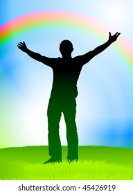 Excited Man on Rainbow Nature Background Original Vector Illustration