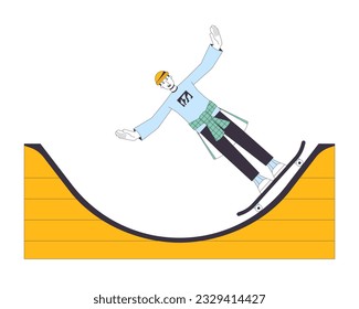 Excited man on skateboard flat line color vector character. Extreme sport. Editable outline full body skater have fun with skateboard on white. Simple cartoon spot illustration for web graphic design