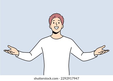 Excited man with open arms feel overjoyed enjoying success or win. Happy male celebrate victory feeling successful and fascinated. Vector illustration. 