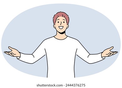 Excited man with open arms feel overjoyed enjoying success or win. Happy male celebrate victory feeling successful and fascinated. Vector illustration. 