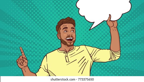 Excited Man Pointing Finger Up To Chat Bubble Pop Art Style Background Vector Illustration
