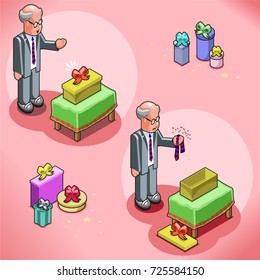 Excited man receiving christmas present from his wife; disappointed man with tie. Including piles of gift boxes. (isometric illustration)

