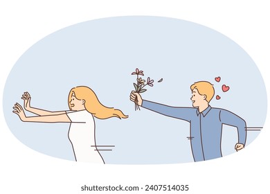 Excited man run after woman with flowers avoiding him. Male admirer show love and affection to female. Girl quit guy admiration. Vector illustration.