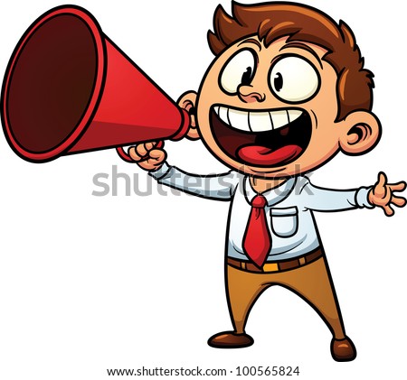 Excited man screaming with a megaphone. Vector illustration with simple gradients. All in a single layer.