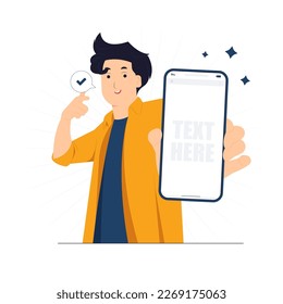 Excited man showing blank empty mobile smart phone with copy space and pointing his index finger on it concept illustration