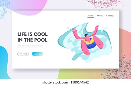 Excited Man Sliding by Inflatable Float at Waterpark on Summertime Holiday Vacation. Water Fun Summer Leisure, Aquapark Visiting Website Landing Page, Web Page Cartoon Flat Vector Illustration, Banner