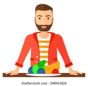 An excited man standing in front of table full of organic healthy food vector flat design illustration isolated on white background. Square layout.