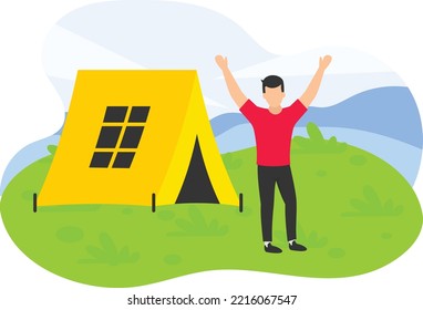 Excited Man standing near Cabin Concept, Freelancer enjoying the nature vector icon design, Outdoor weekend Activity symbol, Tourist Holidays Scene Sign, Happy people at Vacation stock illustration