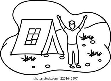 Excited Man standing near Cabin Concept, Freelancer enjoying the nature vector outline icon design, Outdoor weekend Activity symbol, Tourist Holidays Scene Sign, Happy people at Vacation illustration