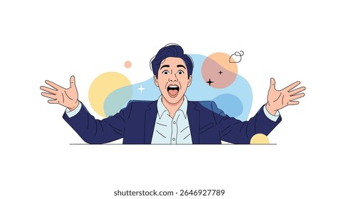 Excited Man in Suit Celebrating With Arms Wide Open Feeling Joyful and Enthusiastic