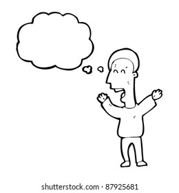 excited man with thought bubble waving arms in air