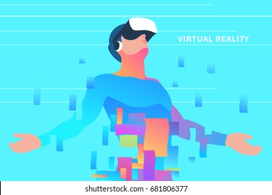 Excited man using virtual reality glasses. Vr technologies for education and games. Vector illustration