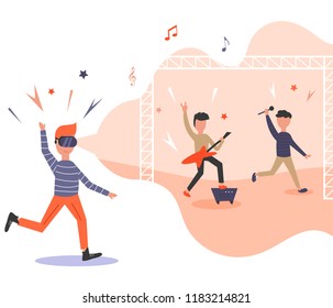 Excited man in virtual reality. 3d Concert feeling. Augmented reality