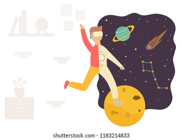 Excited man in virtual reality exploring space. Augmented reality
