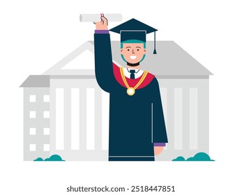 Excited man wearing cap and gown, celebrating graduation day at university. Character design. Vector flat illustration