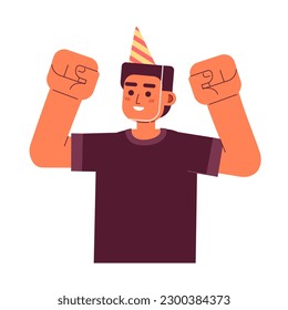 Excited man wearing party hat celebrating birthday semi flat colorful vector character. Happy party goer. Editable half body person on white. Simple cartoon spot illustration for web graphic design