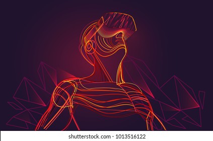 Excited man wearing virtual reality goggles. Abstract polygonal vr world. Vector illustration