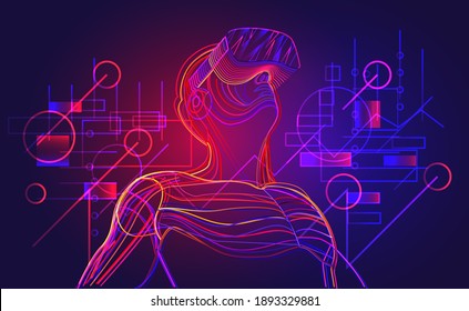 Excited man wearing virtual reality headset. Abstract vr world with digital interface on background. Vector illustration