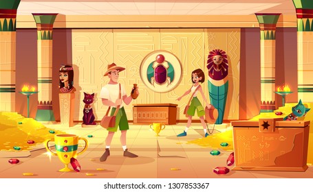 Excited man and woman archeologists or treasure hunters discovering and exploring Egypt pharaoh lost tomb or treasury full of gold coins. precious gems and ancient artifacts cartoon vector illustration