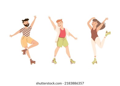 Excited Man and Woman Character Dancing on Roller Skates Vector Illustration Set